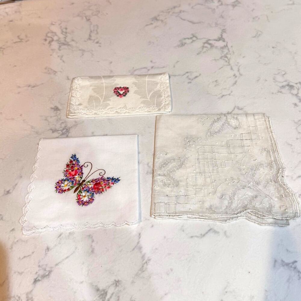Vintage embroidered handkerchiefs butterfly themed & embroidered tissue holder
